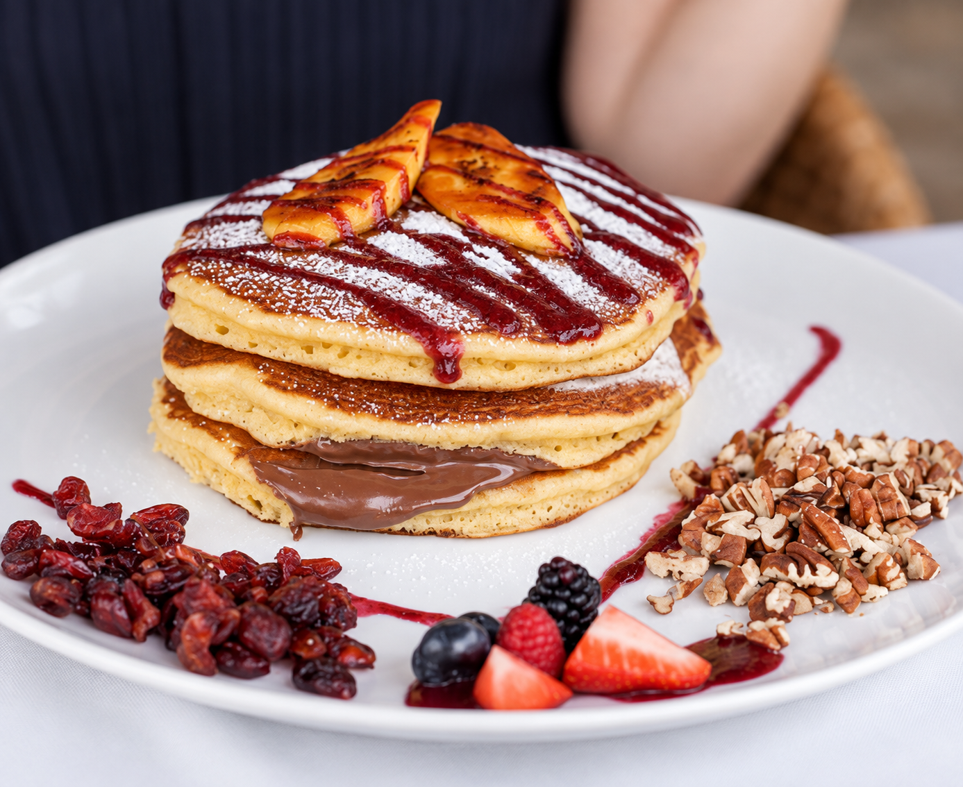 Hotcakes con Nutella, frutos secos y fruta fresca
