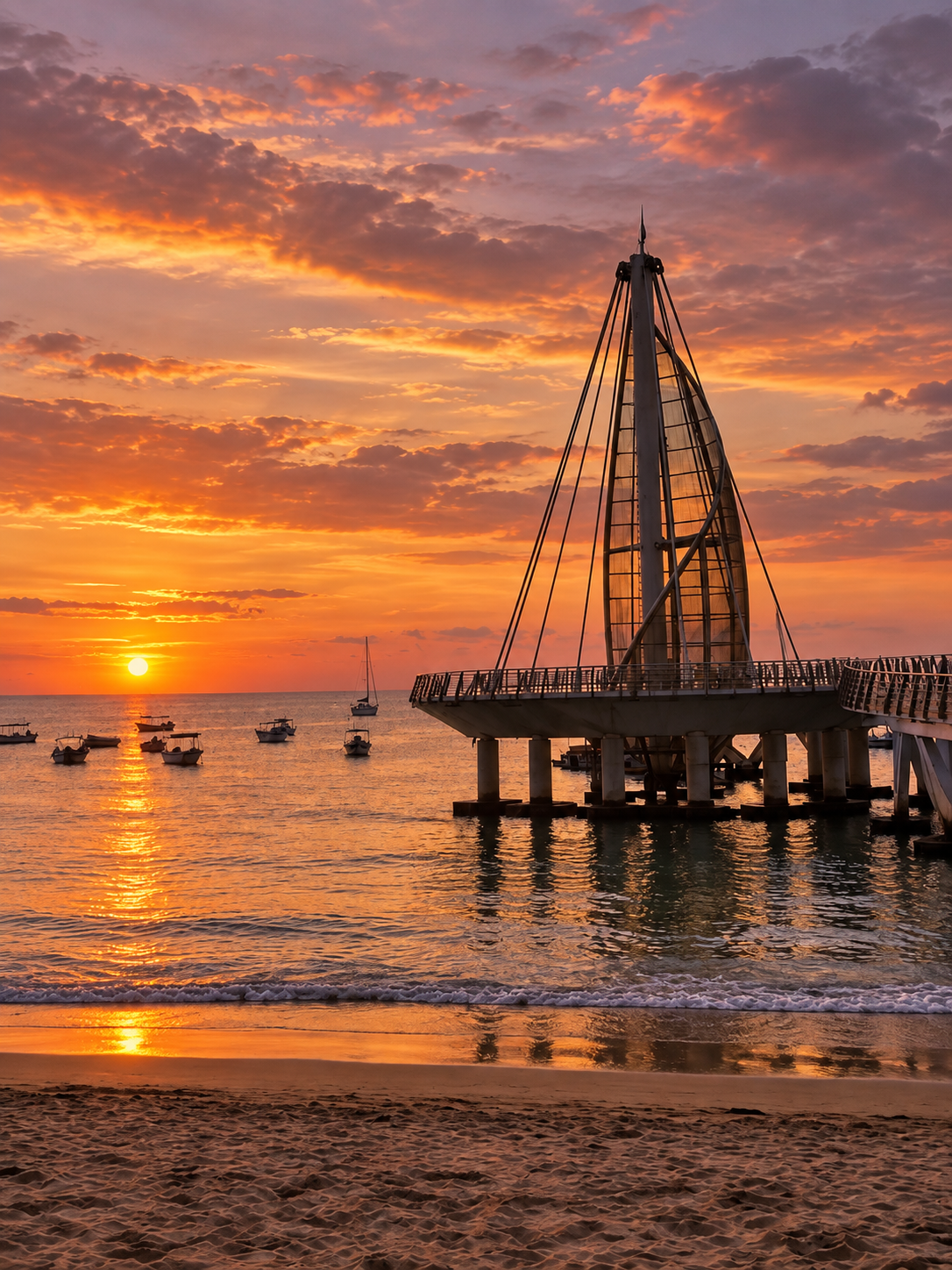 Atardecer dorado sobre el muelle de Playa Los Muertos