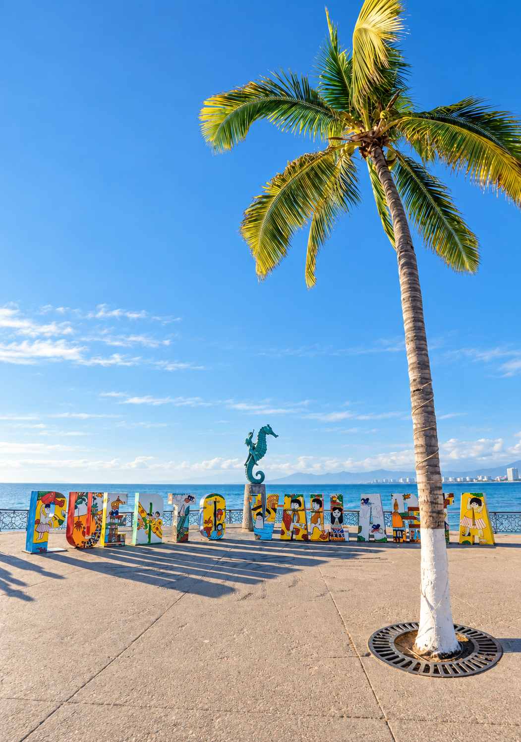 Palmera y letras de Puerto Vallarta en el Malecón