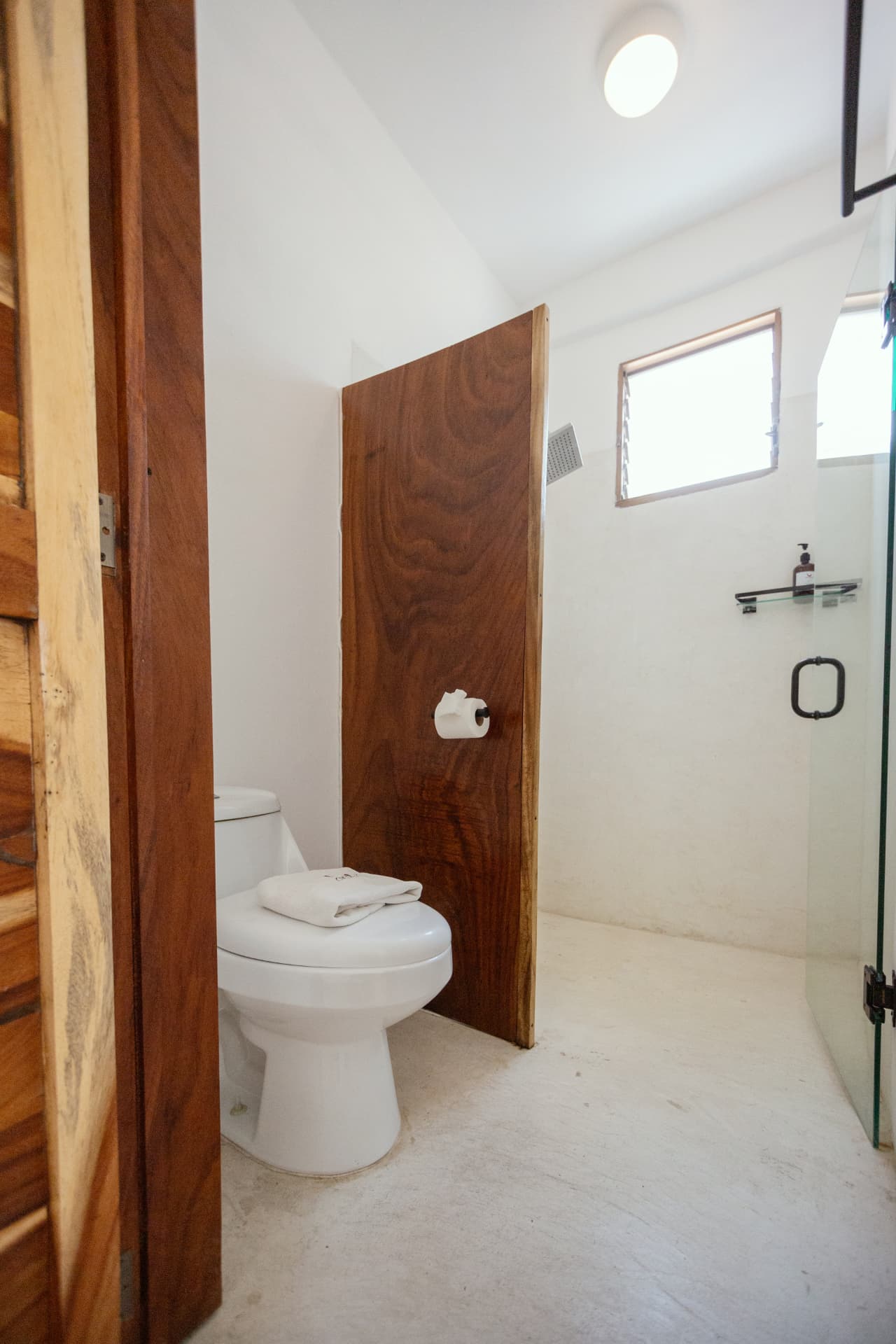 Baño de la habitación 208 con puerta de madera y regadera de vidrio