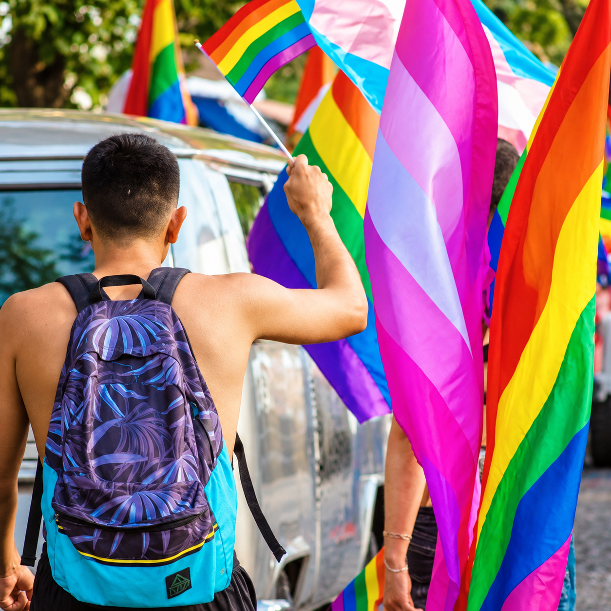 Celebración LGBTQ+ con banderas del orgullo en Puerto Vallarta