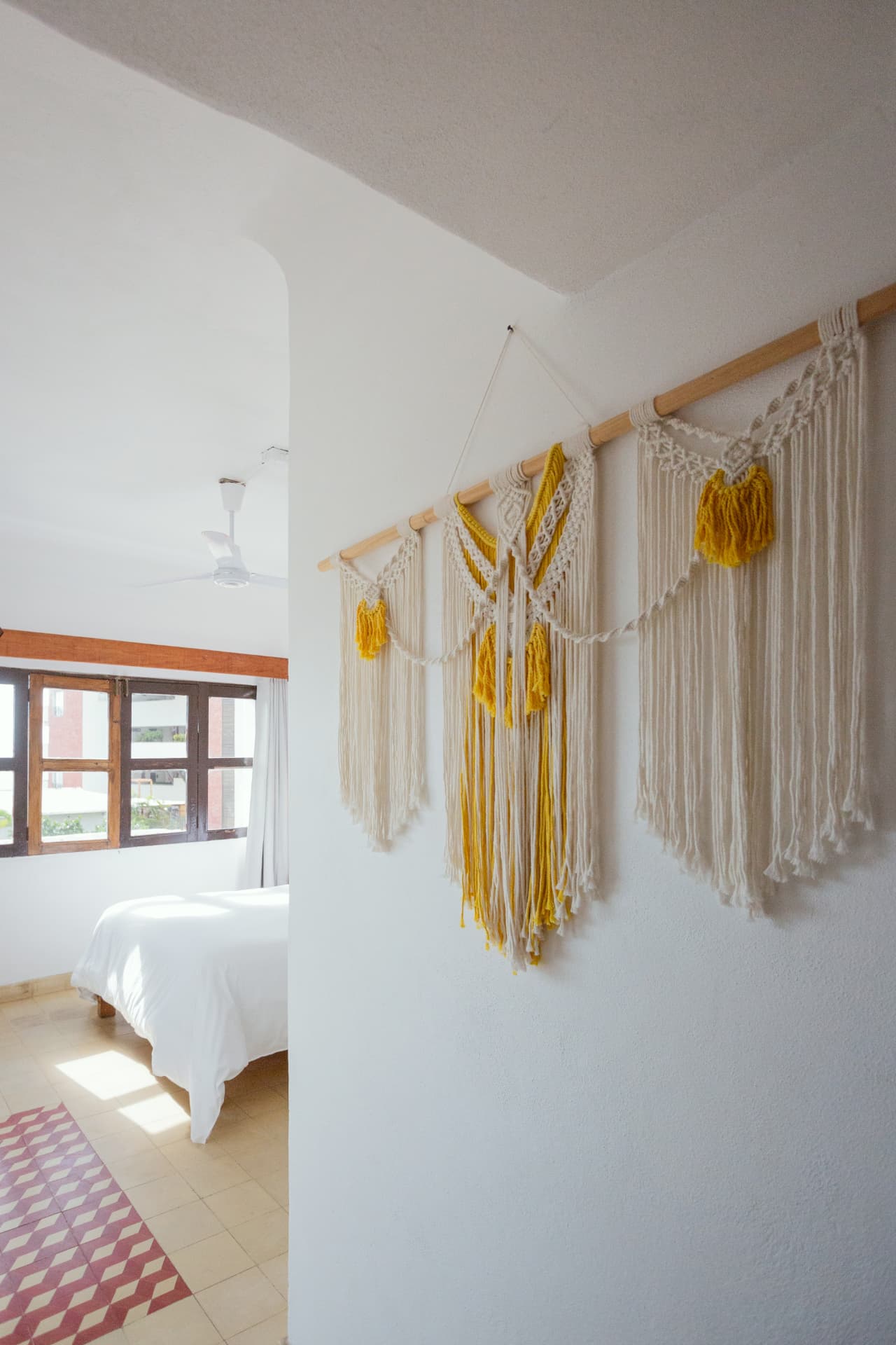 Detail of handwoven textile on the wall of the Deluxe Ocean View