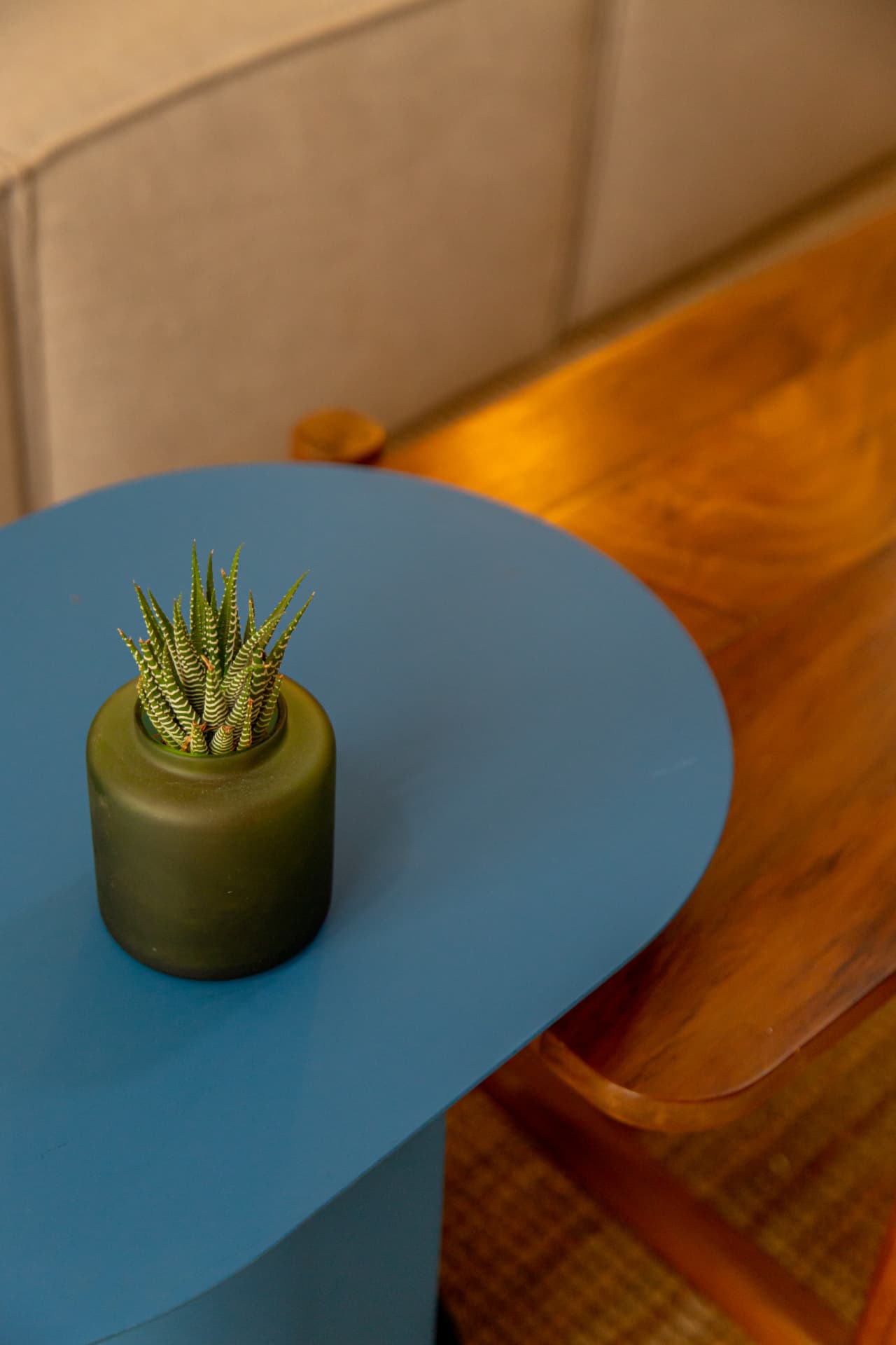 Detail of blue table, wooden bench and plant in Amaca Residence