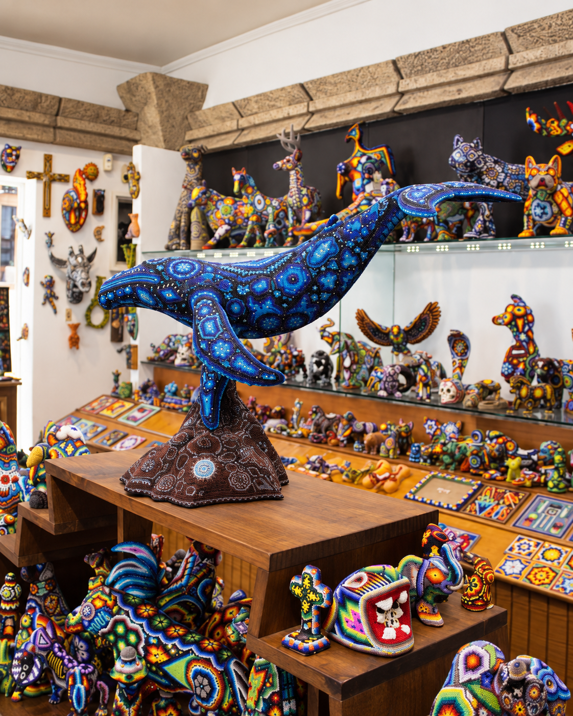 Galería de arte huichol con piezas de colores